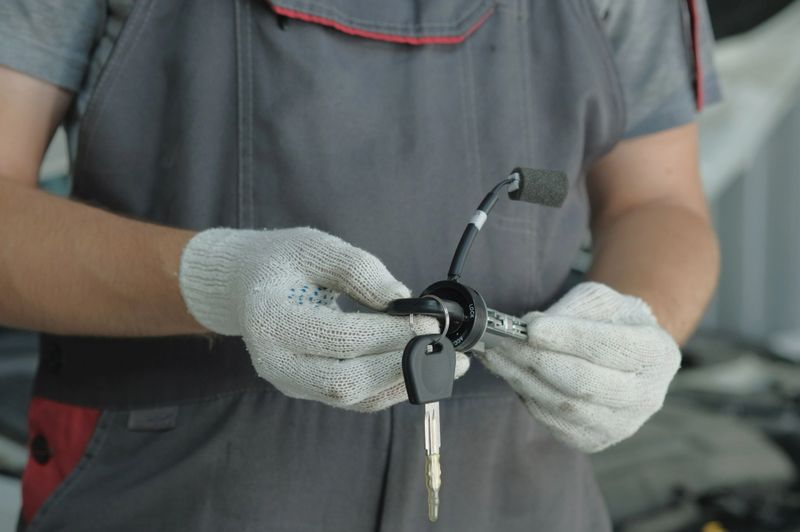 An auto mechanic holds in his hands a new ignition lock and a set of ignition keys for a passenger car.