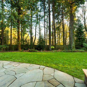 Backyard with stone patio and trees.