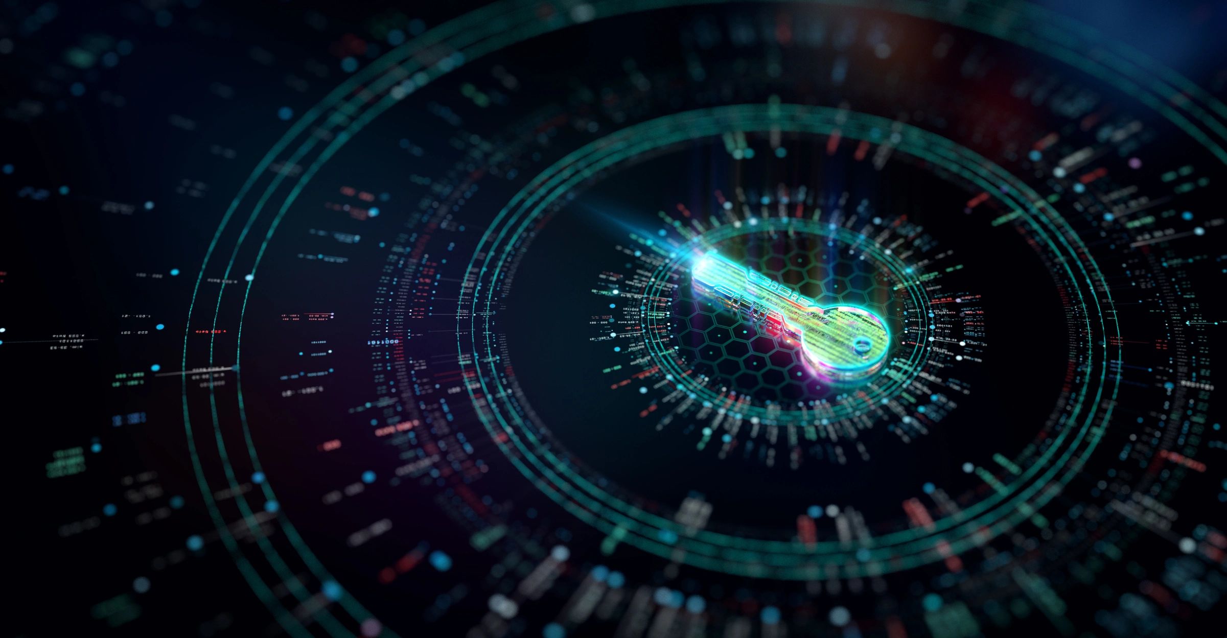 Abstract cybersecurity visualization with digital network and encryption imagery.