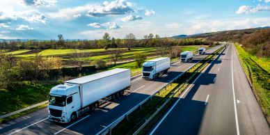 A line of white trucks driving on a highway.