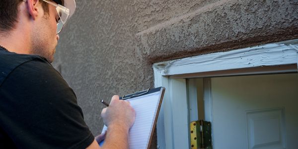 Home inspector examining and taking notes on a door frame.