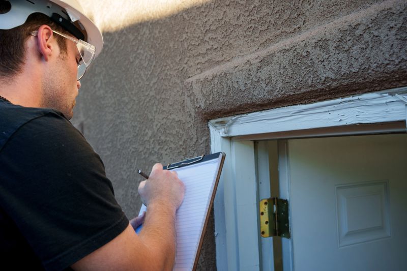 Young White Inspector examining, taking notes and photographing an outdoor door jamb outside a modern stucco home