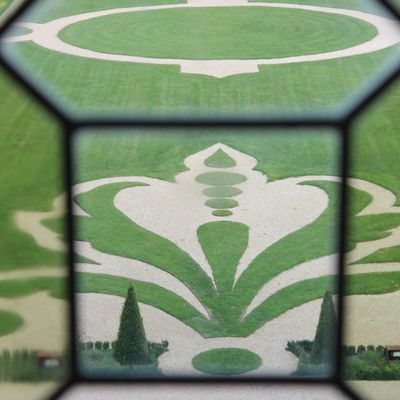 Intricate garden pattern viewed through a window pane.