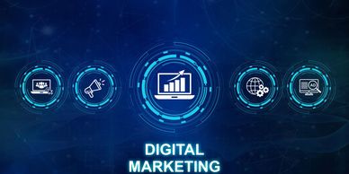 Digital marketing concepts represented by icons on a futuristic blue background.