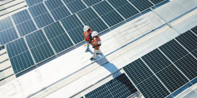 Two workers walk on solar panels wearing safety helmets and vests.