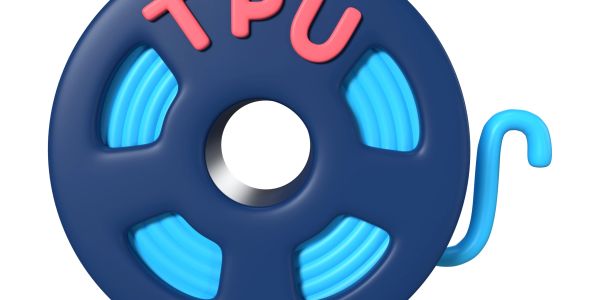 Blue TPU filament spool for 3D printing with pink letters.