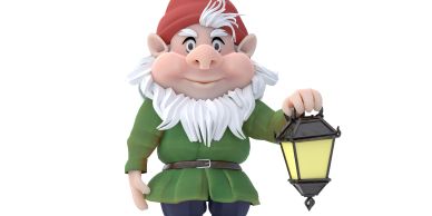 Cartoon gnome holding a lantern.
