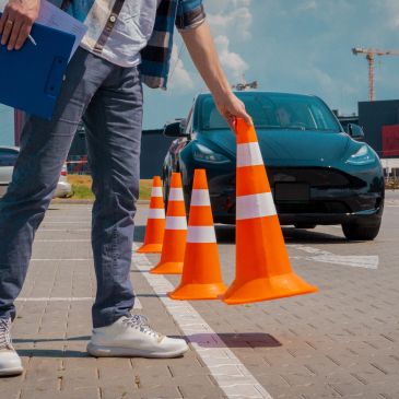Person setting up traffic cones in front of a car.