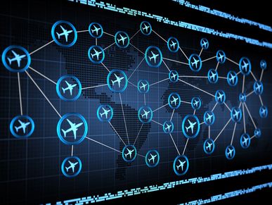 Digital network of connected airplane icons over world map.