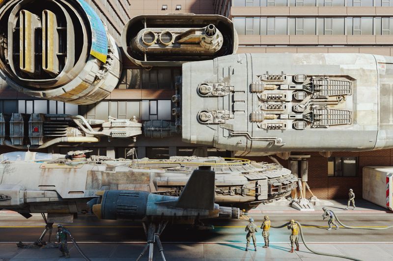 Futuristic technicians working on space rocket engine. 3D generated image.