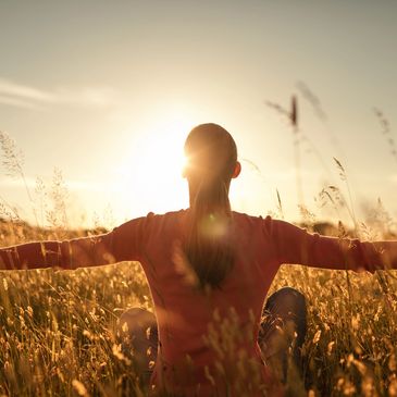A person with long hair sits in a field of golden wheat at sunset