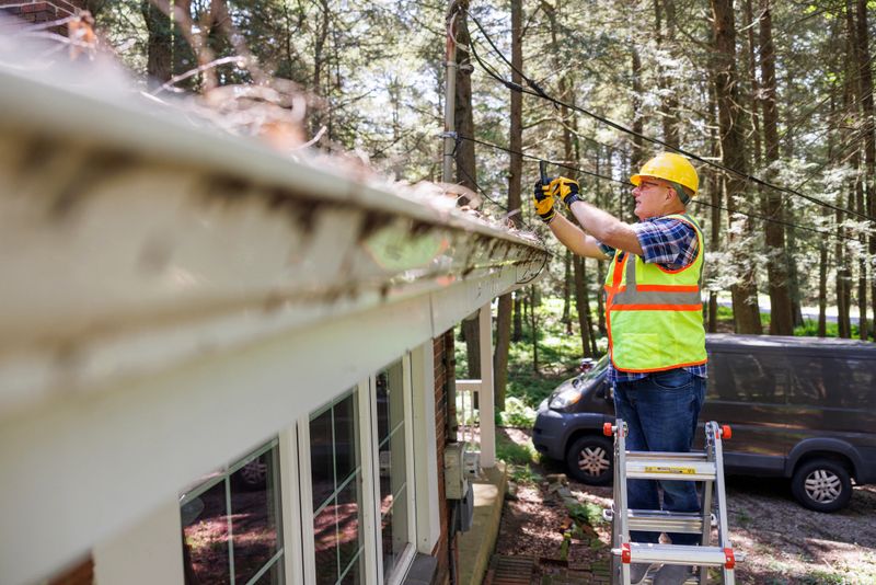 Storm damage: claim agent photo fixing collapsed house roof. Mature man in reflecting vest and hardhat stand on stepladder in woods. Focus on background