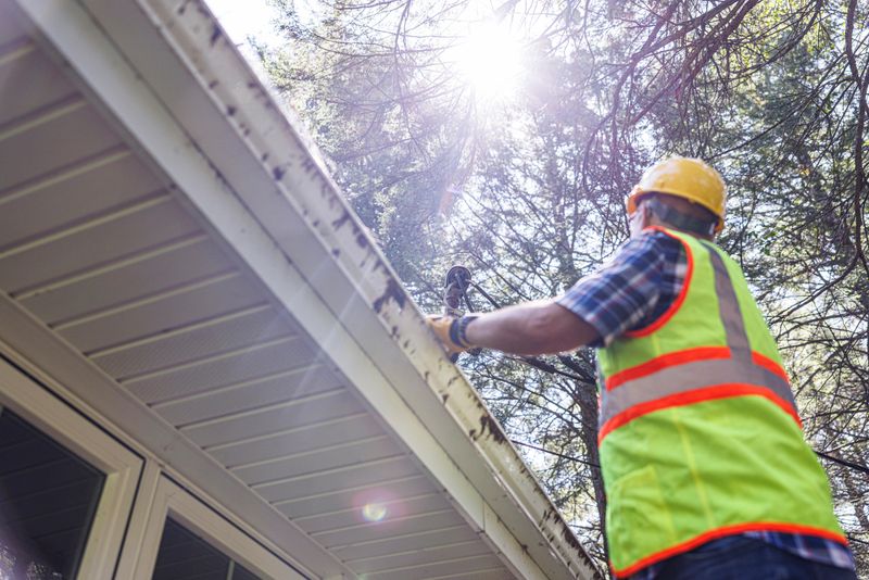 Mature gray-haired man in protective vest and hardhat examines roof of a private house after a storm disaster in a sunny day. Low angle view, sun over the man