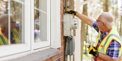 Electrician inspecting an electrical meter on a house.