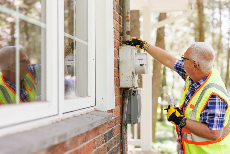 Gas meters check. Mature engineer worker in vest examining gas meters, writes notes, and assesses storm aftermath for private houses outdoors.
