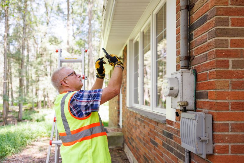 Power supply for private house. Mature gray haired agent in vest photo fixing gas meters of private house outdoors