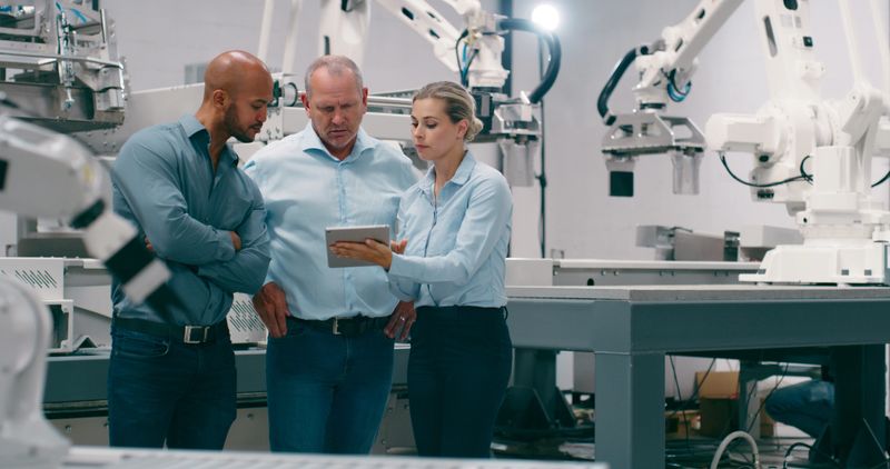 Engineer, teamwork and tablet for programming in robotics, people at factory and high tech innovation in industry. Automation, collaboration and inspection of robot, engineering and machine learning