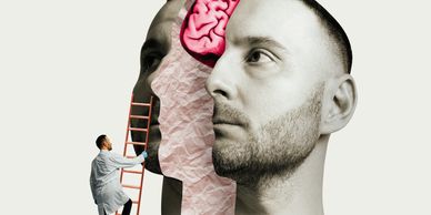 Doctor climbs ladder to explore a giant human head with exposed brain.