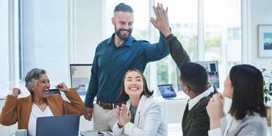 Employer_Employee_High_Five_Celebrate_Benefits_Health_Wellness_Plans_Insurance_Work_Paycheck_Paystub