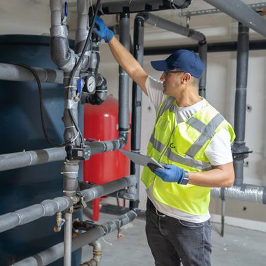 Técnico inspecciona tuberías en una instalación industrial.