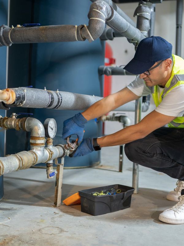 Technician adjusting a valve on industrial pipes.