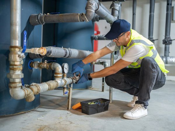 A technician in safety gear repairs industrial pipes indoors.