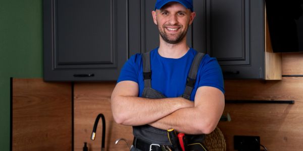 Smiling handyman with crossed arms in kitchen.