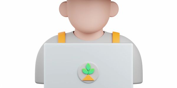 3D farmer character holding a laptop with a plant logo.