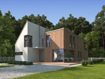 Modern two-story house with wood and white exterior surrounded by greenery.