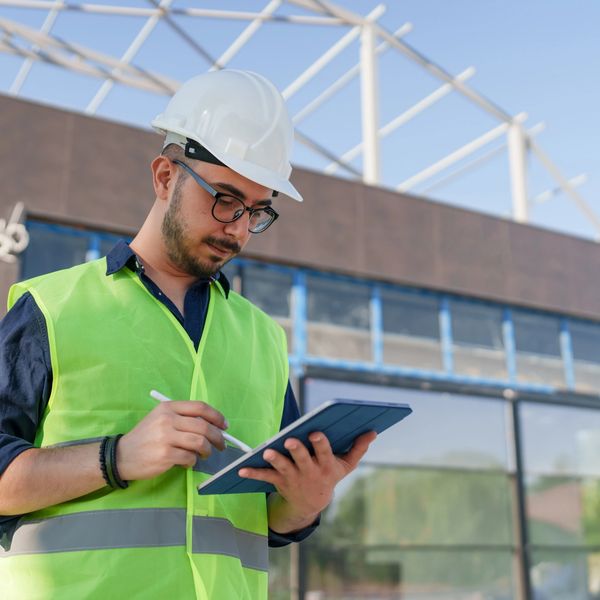 Facilities professional reviewing building conditions and documenting observations on a tablet.