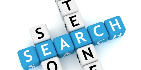 3D crossword puzzle spelling "SEARCH" and "TECHNOLOGY" with letter blocks.