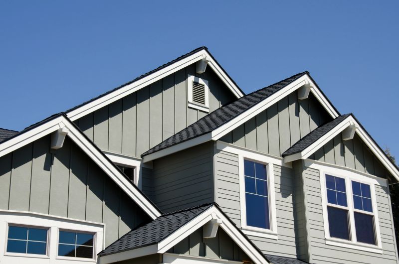 Close up of a daytime exterior showing the details of the different level roofs. 