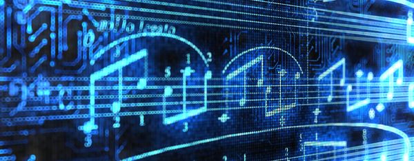 Digital music notes blend with a glowing circuit board background.