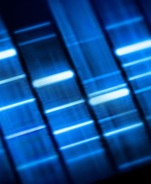 Digital human figure surrounded by futuristic DNA and data visuals.