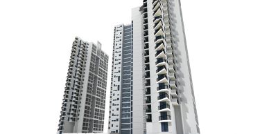 Two tall modern apartment buildings against a white background.