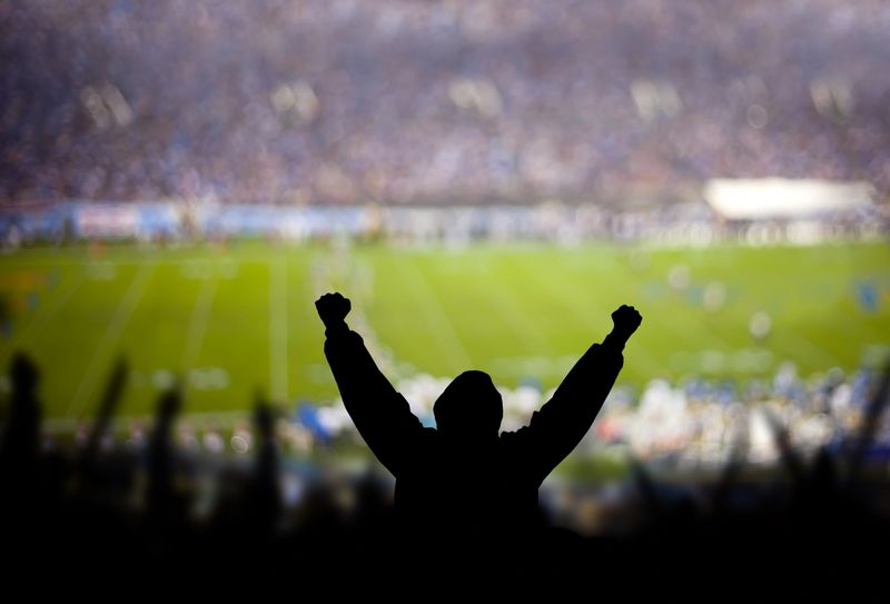 Fans excited at a football game, selective focus on fan with fists raised. Taken with Canon 5d mark II