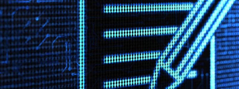 Close-up of a digital screen showing blue pixelated lines and dots.