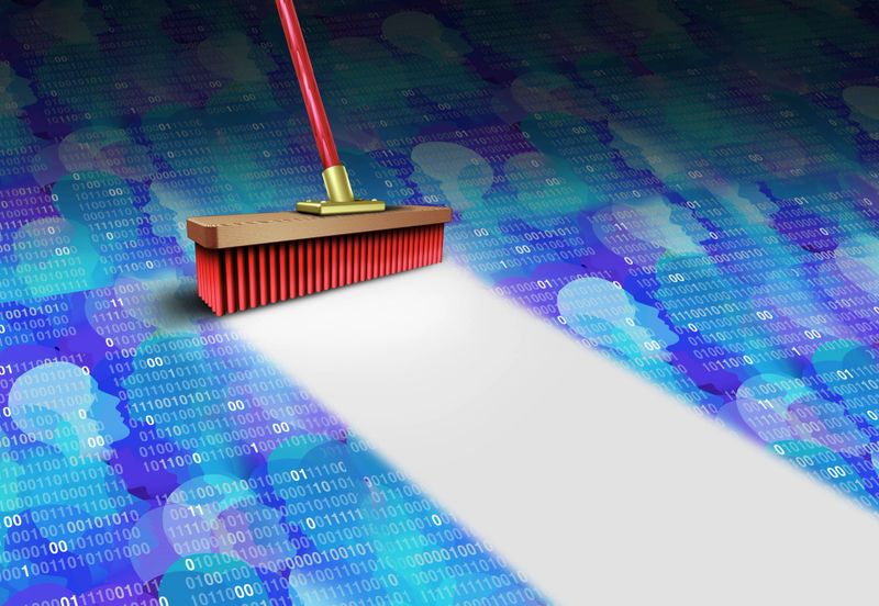 Data scrubbing and Deleting online information as a technology concept as wiping clean personal private digital documents as a cyber security and privacy settings symbol to delete and remove your info with 3D illustration elements.