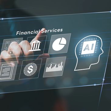 Hand interacting with futuristic financial services and AI interface.