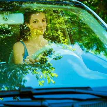 Woman driving a car with tree reflections on the windshield.