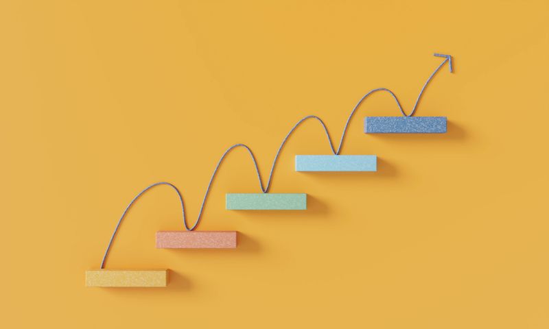 Abstract arrow going up on the stairs, growing graph and success, flat lay. (3d render)