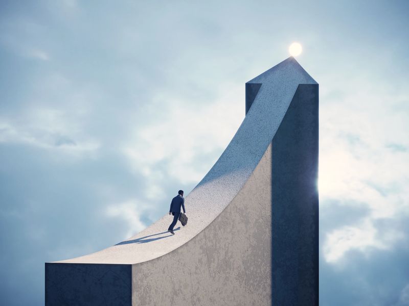 Business man running on arrow shaped bridge to the top light. (3d render)