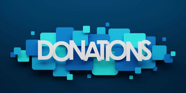 3D text reading 'DONATIONS' with blue geometric background.