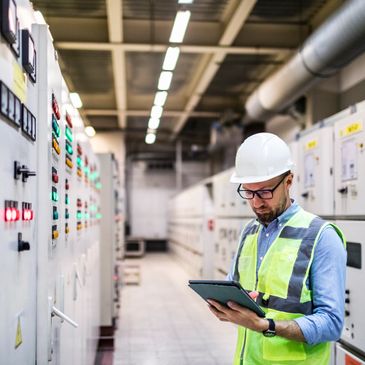 Engineer in safety gear inspecting control panels with a tablet.