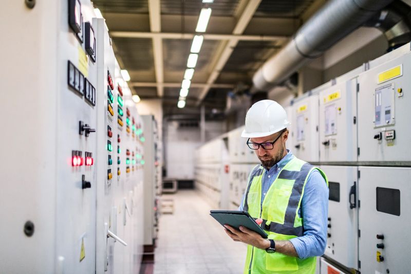 Electrical engineer working in control room. Electrical engineer checking Power Distribution Cabinet in the control room