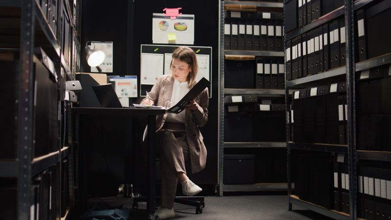 Dedicated female private detective accurately conducts research for clues and information. Using technology in office room, caucasian police officer examines evidence files and does forensic analysis.