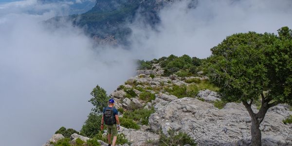 Hiker walking on a rocky mountain trail surrounded by clouds and greenery.