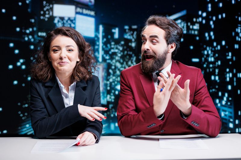 Newscasters team broadcasting live news and daily events, debating global problems for television network. Man and woman presenters hosting late night show, entertainment industry.