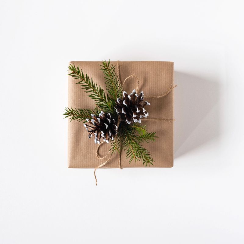 Gift box in craft paper with fir branches and cones on white bachground. Gift for Christmas, New Year. Top view.