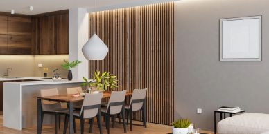 Modern dining area with wooden accents and stylish lighting.